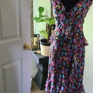 AMUR Black and Pink Ruffled Peplum Sundress